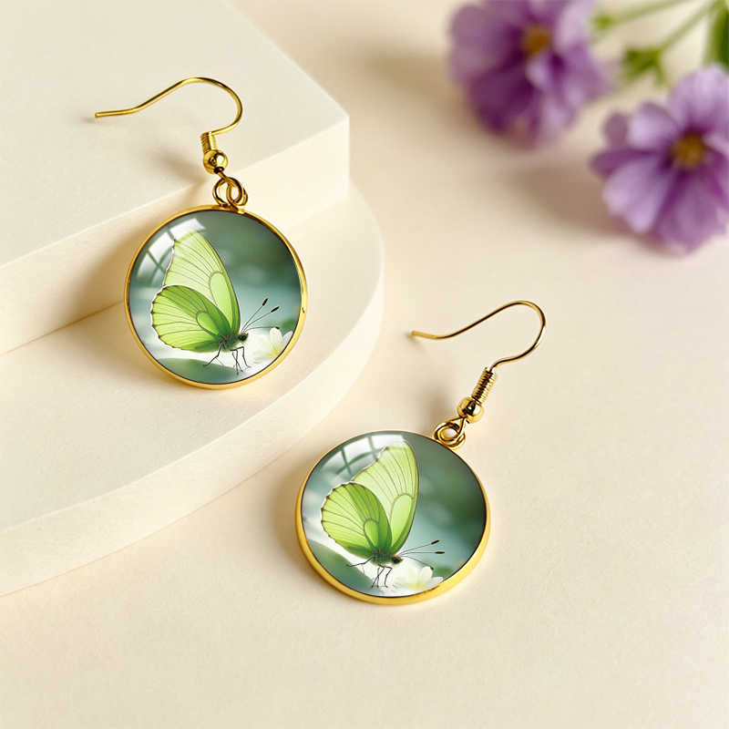 Green Butterfly and Flowers Round Earrings